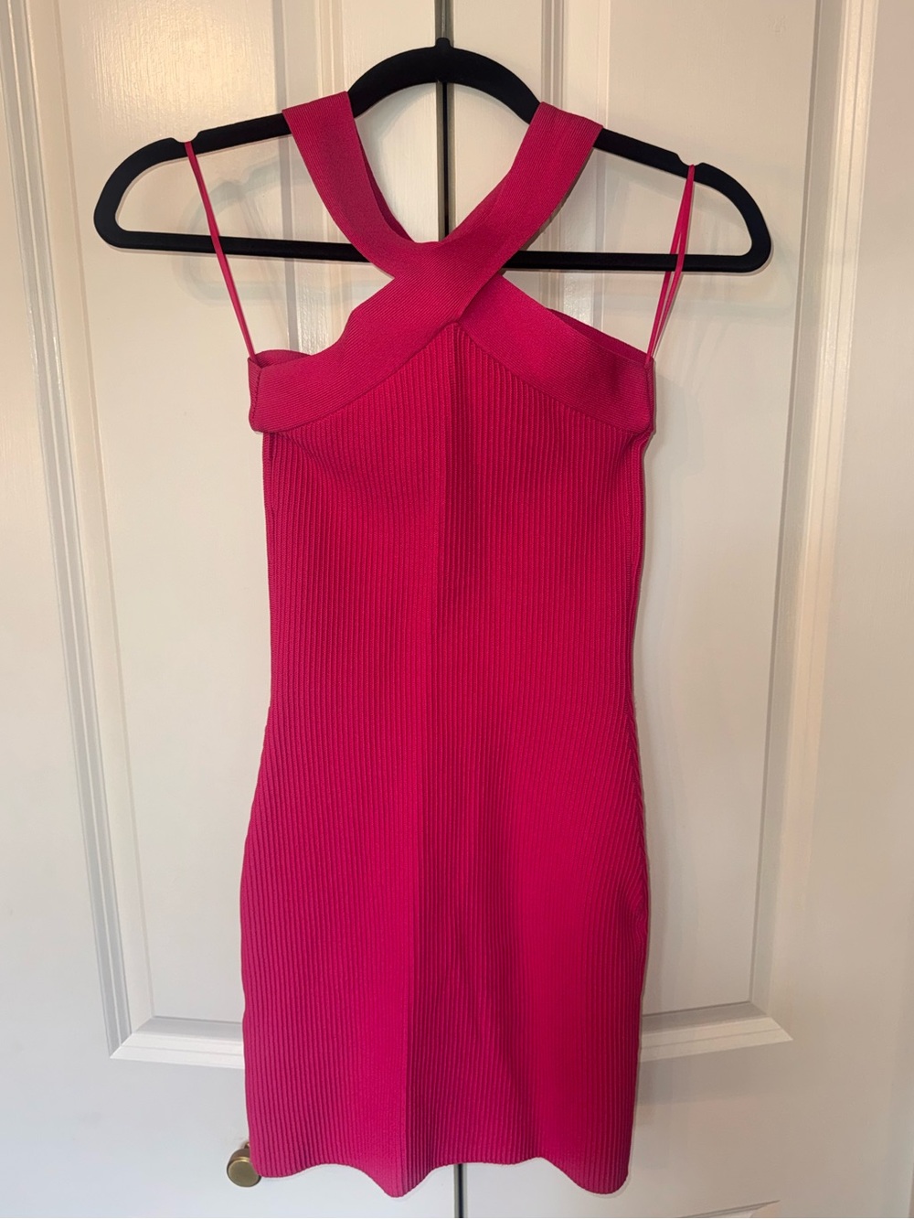 Babaton Fuchsia Cross-Neck Ribbed Mini Dress